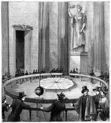 Foucault using his pendulum to demonstrate the rotation of the Earth, Paris, 1851 (1887). Artist: Unknown