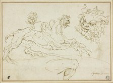 Four Sketches: Griffin, Grotesque Head, Head of Satyr, Bent Leg, 1590/94. Creator: Agostino Carracci.