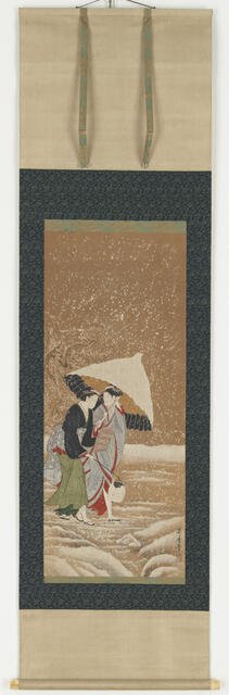 Two girls under umbrella in snowstorm, 1753-1806. Creator: Kitagawa Utamaro.