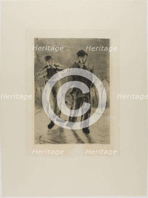 Plate from l'Assommoir (two boys on gaslit street), 1878. Creator: Gaston la Touche.