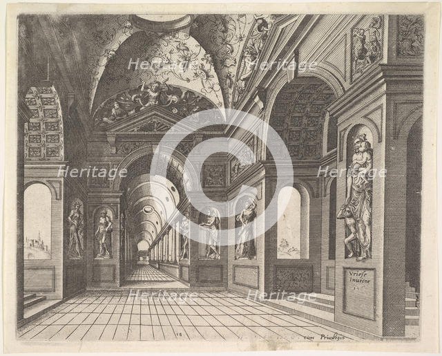 Perspective view of the interior of a hall, with cross-vault decorated with grot..., Published 1601. Creators: Johannes van Doetecum I, Lucas van Doetecum.
