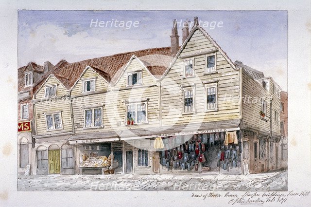 Wooden shop fronts described as Sharps's Buildings, Royal Mint Street, Stepney, London, 1871 Artist: Charles James Richardson