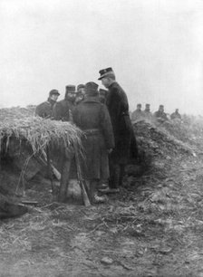 Albert I, the third King of the Belgians, visiting the trenches of Avecapelle, Belgium, 1915. Artist: Unknown