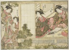Courtesans of Oebuji, from the book "Mirror of Beautiful Women of the Pleasure Quarters..., 1776. Creator: Shunsho.