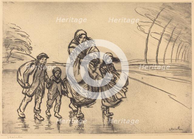 In the Rain: Mother and Children (Sous la pluie: La mere et les enfants), 1915. Creator: Theophile Alexandre Steinlen.