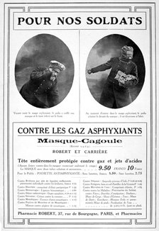 Masque cagoule (Gas mask) advertisement, 1915. Artist: Unknown
