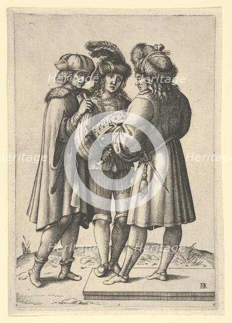 Three male singers standing together holding a sheet of music, ca. 1599-1641. Creator: Luca Ciamberlano.