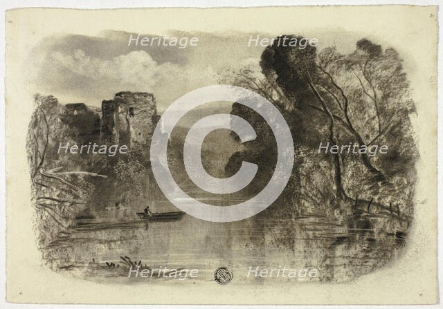 River with Castle Ruin and Boat I, c. 1855. Creator: Elizabeth Murray.