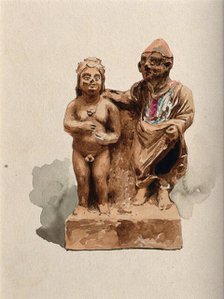 Clay figures, the right one clothed and placing his hand on the left one, who is naked... Creator: Unknown.