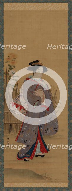 Woman near a fenced-off flowering garden, late 18th century. Creator: Shunsho.