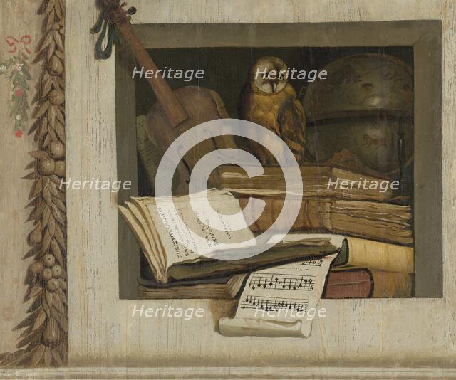 Still Life with Books, Sheet Music, Violin, Celestial Globe and an Owl, 1645-1650. Creator: Jacob van Campen.