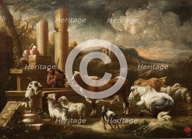 Cattle at the Ruins of the Temple, early 18th century. Creator: Johann Matthias Wuzer.