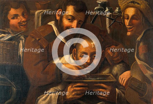 A barber-surgeon attending to a man's forehead, c16th century. Creator: Unknown.