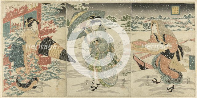 Parody of Liu Bei (J: Gentoku) Visiting Zhuge Liang (J: Komei) in Wind and Snow..., c. 1844. Creator: Utagawa Kunisada.