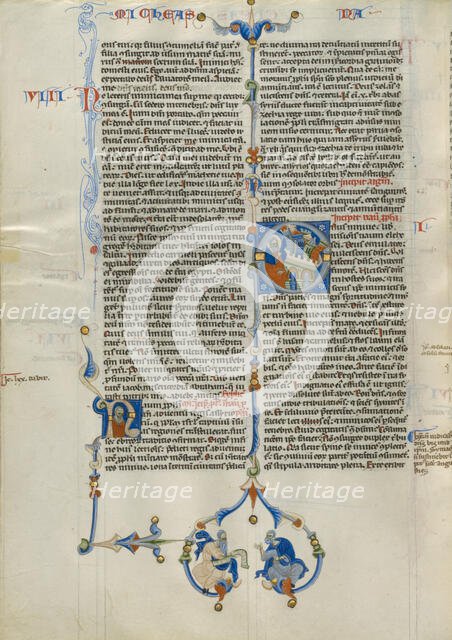 Initial O: Nahum Witnessing the Destruction of a City; Abbey Bible, about 1250-1262. Creator: Unknown.