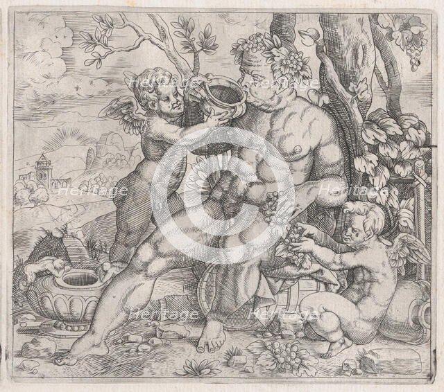 Speculum Romanae Magnificentiae: Bacchus, Seated, Drinking from a Vase Presented b..., 16th century. Creator: Anon.