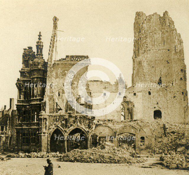 Clock Tower and Hôtel de Ville, Arras, northern France, c1914-c1918. Artist: Unknown.