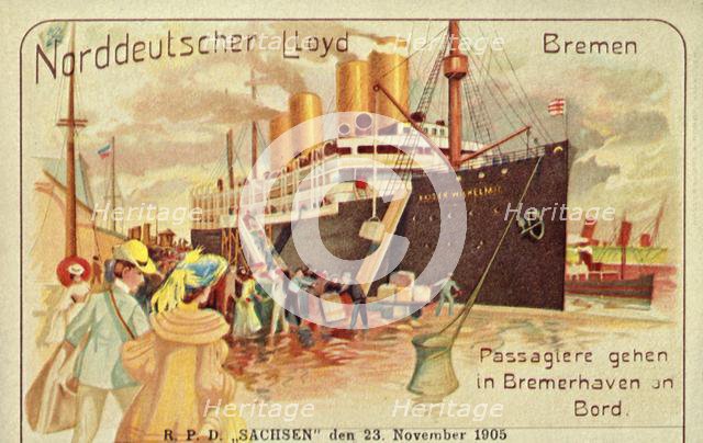 Passengers board the giant SS 'Kaiser Wilhelm II' in Bremerhaven, 1905. Creator: Unknown.