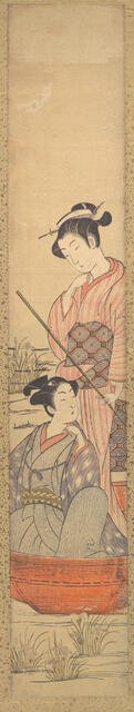 A Young Woman Standing in a Boat Pulling it along and a Young Man Seated in it at Her Feet. Creator: Uchimasa.