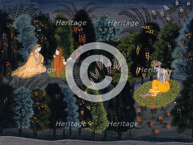 Companion Persuading Radha as Krishna Flutes, Folio from the "Lambagraon"..., c1825. Creator: Anon.