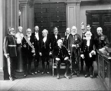 Fellows of the Royal Society: Sir John Evans, bust of Sir Isaac Newton, Lord Kelvin, RB Clifton... Creator: Mayall.