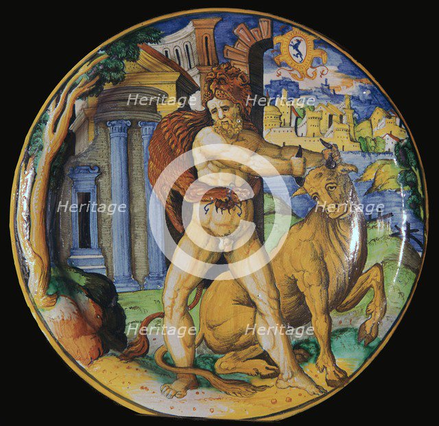 Italian earthenware plate with an image of Hercules and the Cretan bull, 16th century Artist: Unknown