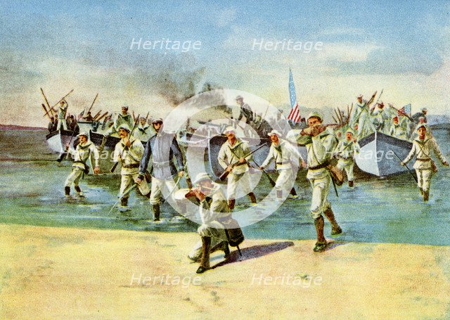 Landing ammunition for the insurgents, under fire, Spanish-American War, Cuba, 1898. Artist: Unknown