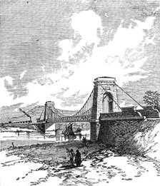 George Stephenson, Father of Railways: the first railway suspension bridge..., 1881. Creator: Unknown.
