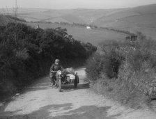 497 cc Ariel and sidecar of R Newman at the MCC Lands End Trial, Beggars Roost, Devon, 1936. Artist: Bill Brunell.