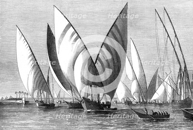 'The River at Boulak Bridge, Cairo, with dahabeahs passing', 1874. Artist: Unknown