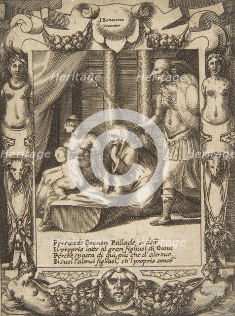 Juno persuading Athena to nurse the young Hercules, set within an elaborate frame, from..., 1531-76. Creator: Giulio Bonasone.