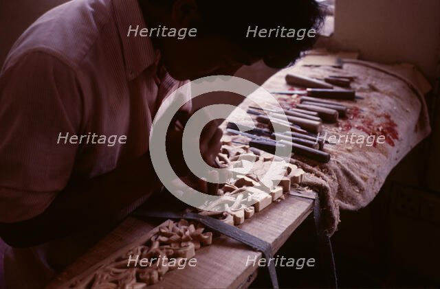 Tibetan refugee wood carving project, Dharamsala, India, 1988. Creator: Amanda Waite.