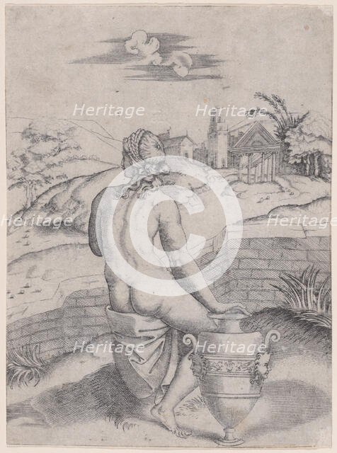 Woman Seated near a Vase, ca. 1514-36. Creator: Agostino Veneziano.