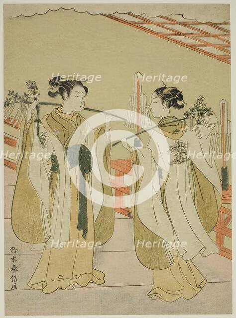Shrine Maidens Onami and Ohatsu Dancing at Yushima Tenjin Shrine, c. 1769. Creator: Suzuki Harunobu.