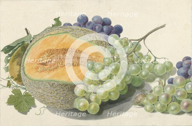 A Melon, Bunches of Grapes, a Peach and Hazelnuts, 1714-1760. Creator: Michiel van Huysum.