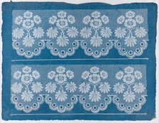 Blue sheet with two borders with a white floral and lace pattern, la..., late 18th-mid-19th century. Creator: Anon.