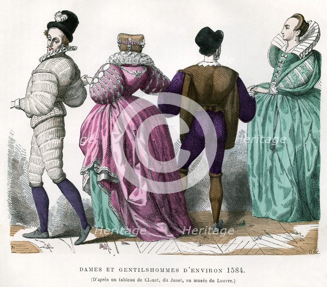 Ladies and gentlemen from about 1584, (1882-1884). Artist: Unknown