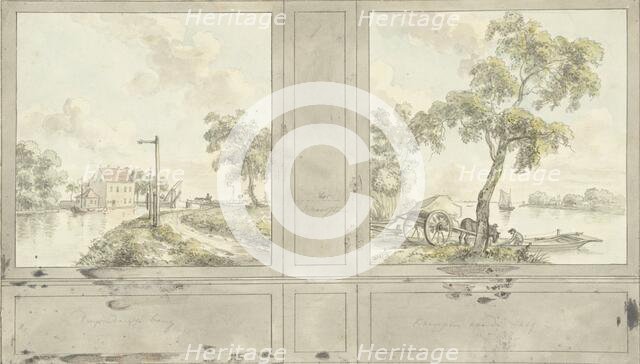 Design for room wall with paintings of Duivendrechtse Bridge and Krimpen aan de Lek, 1752-1819. Creator: Juriaan Andriessen.