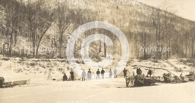 View of the caravan (camp) of the exploration party on the ice of the Zeya River, 1909. Creator: Vladimir Ivanovich Fedorov.