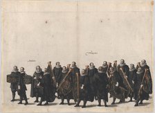 Plate 28: Drummers and trumpet players marching in the funeral procession of Archduke Albe..., 1623. Creator: Cornelis Galle I.