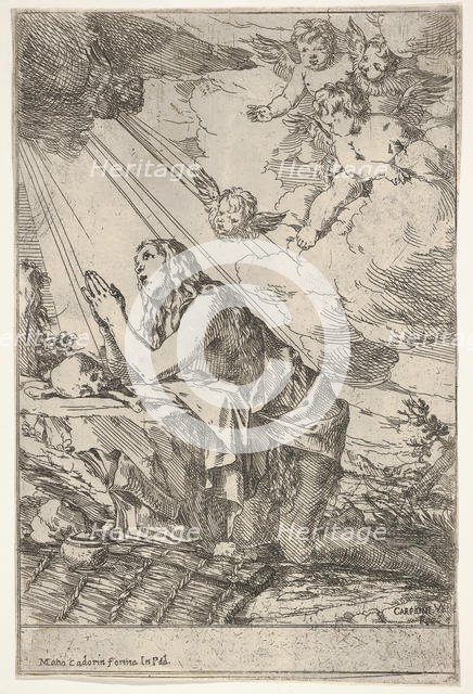 Penitent Magdalen kneeling on a rocky ground before a skull and bones, an ointment ..., ca. 1640-55. Creator: Giulio Carpioni.