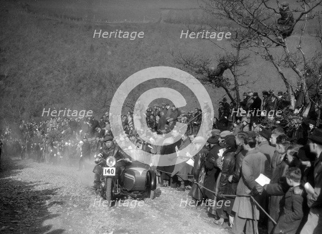 748 cc BSA and sidecar of HJ Finden at the MCC Lands End Trial, Beggars Roost, Devon, 1936. Artist: Bill Brunell.