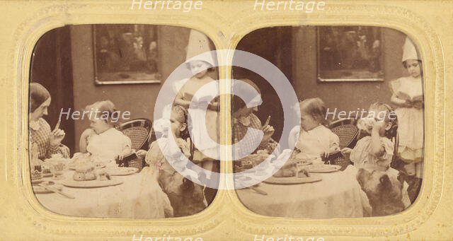 Children at table eating, mother scolding one of them, about 1860. Creator: Joseph John Elliott.