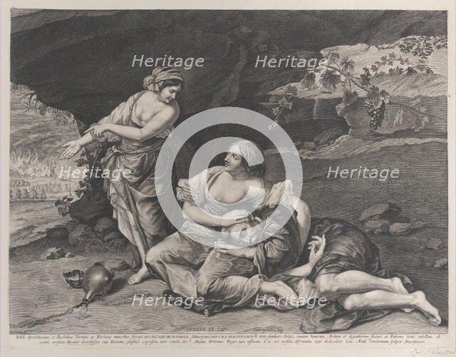 The drunkenness of Lot, who is asleep on his daughter's lap at center, while his other..., ca. 1628. Creator: Lucas Vorsterman.