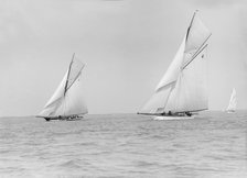 The cutters 'Creole' (3) and 'Ma'oona' (6) racing close-hauled, 1913. Creator: Kirk & Sons of Cowes.