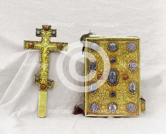 Cross and the Gospel; gift from Tsar Mikhail Feodorovich, vestry of the Assumption Cathedral...1911. Creator: Sergey Mikhaylovich Prokudin-Gorsky.