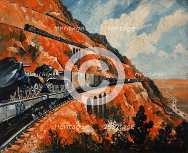 Mountain railway transporting tanks, between 1939 and 1946. Creators: Central Office of Information, Roland Davies.