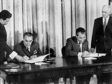 Leonid Brezhnev and Richard Nixon signing a treaty, c1972-1974. Artist: Unknown
