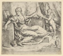 Seated woman holding a tablet and compass (allegory of learning), a winged putto ..., ca. 1600-1640. Creator: Guido Reni.