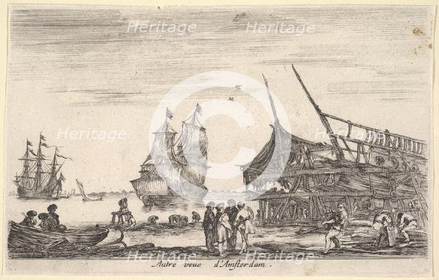 Another view of Amsterdam (Autre vue d'Amsterdam), a group of four men stand in center on ..., 1647. Creator: Stefano della Bella.